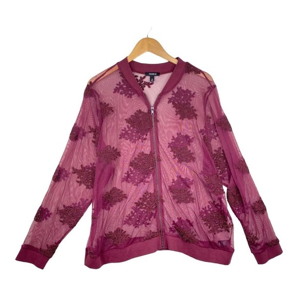 Torrid Deep Red Full Zip Long Sleeve Mesh Floral Bomber Sheer Jacket Size 3X - Picture 1 of 8